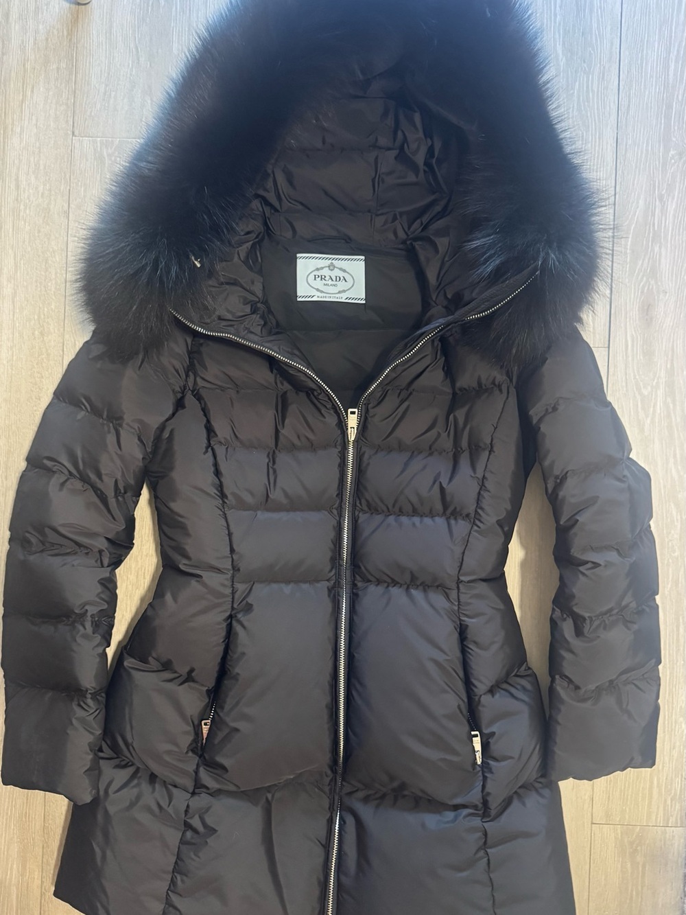 Prada Black Quilted Down Puffer Coat with Fur-Trim Hood